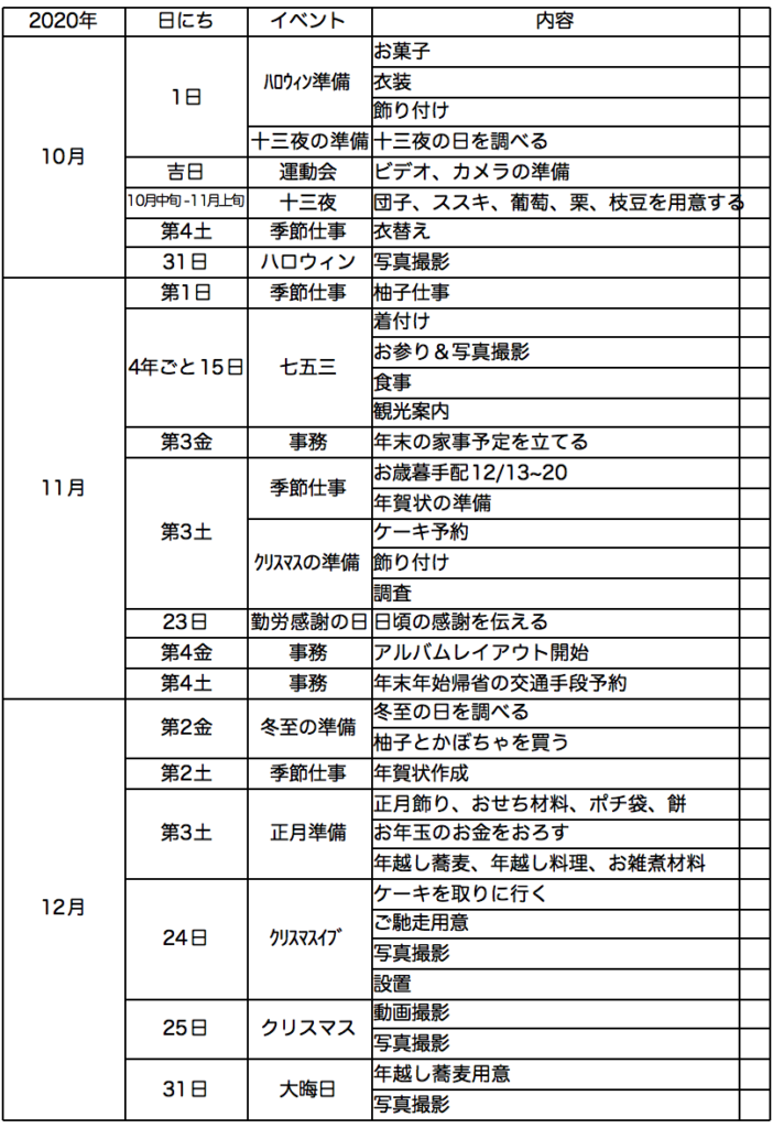 家事ノート年リスト10月〜12月